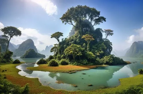 this is an artist's rendering of some vegetation in a small, tropical area,karst landscape,nature background,landscape background,tailandia,an island far away landscape,background view nature,Photogra