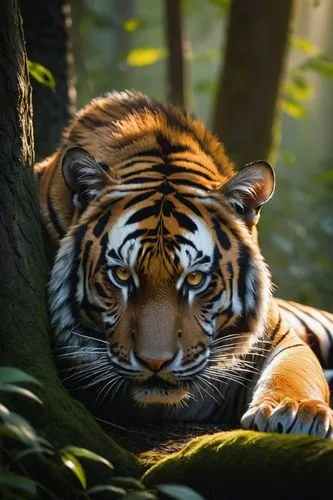 Wildlife photography, majestic Bengal tiger, solo, realistic fur texture, whiskers, sharp claws, vibrant orange and black stripes, muscular body, lying down, relaxing, serene forest environment, dense