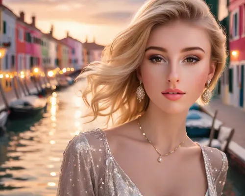 beautiful blonde, portrait, photograph in the style of a Kodak advert, colourful sky, bright sunshine sparkling on the water, vivid colourful clothes and makeup, gorgeous, sparkling silver jewellery, 