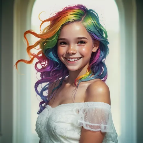 girl with long spectrum-coloured hair, wearing a white diaphanous  off-shoulder dress,rainbow unicorn,unicorn and rainbow,rainbow waves,rainbow background,rainbow colors,rainbow pencil background,unic