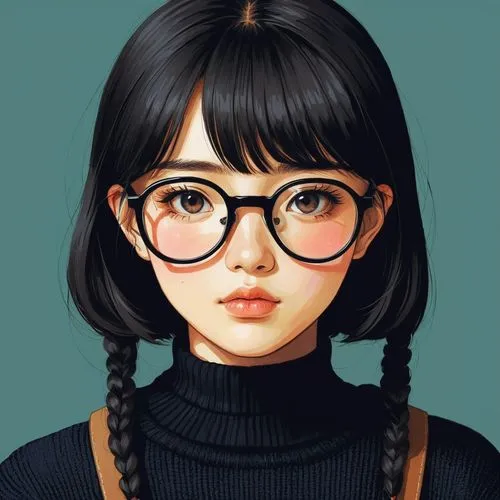 女生，眼镜，黑色毛衣，卡通，日本动漫，动漫，插画，扁平插画,a painting of a  with glasses and ids,girl portrait,yobi,retro girl,kommuna,reading glasses,megane,Illustration,Japanese style,Japanese Style 16