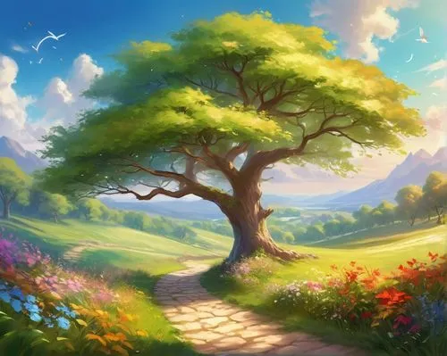 landscape background,springtime background,nature background,spring background,flourishing tree,forest background,yggdrasil,fantasy landscape,nature landscape,children's background,forest landscape,nature wallpaper,oak tree,pathway,magic tree,cartoon video game background,forest path,tree top path,blossom tree,forest tree,Illustration,Realistic Fantasy,Realistic Fantasy 01