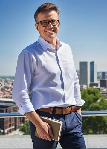 middle-aged, male, design architect, standing, hands behind back, black-framed glasses, short brown hair, casual smile, white shirt, dark blue trousers, leather belt, loafers, holding a large portfoli