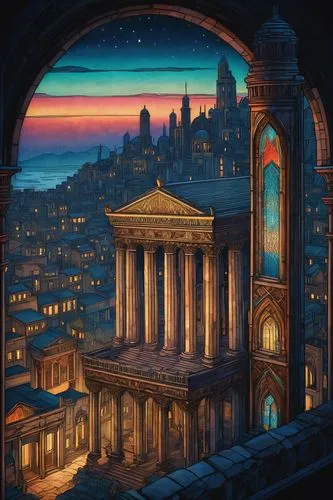 Architecture-inspired tattoo design, intricate details, ancient Greek columns, ornate carvings, gothic arches, stained glass windows, majestic skyscraper silhouette, urban cityscape, nighttime lightin