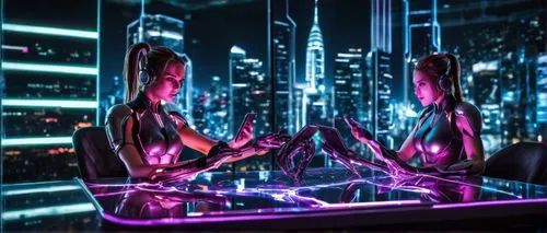 Comparing smartphone models, sd 2.1 vs 1.5, modern futuristic background, sleek cityscape at night, neon lights reflecting off glass surfaces, a large LED screen displaying phone specifications, two s