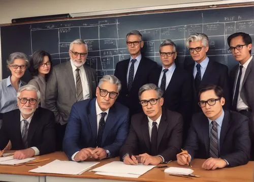 Mature professors, masters of architecture schools, 50s, bespectacled, gray hair, wrinkles, suits, ties, formal attire, holding models, pointing at blueprints, standing in front of a whiteboard, speak