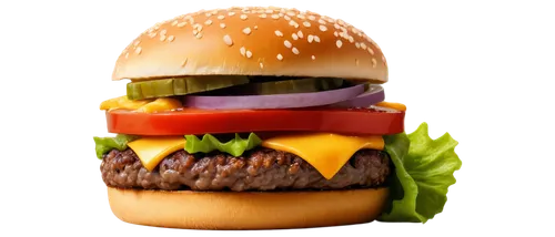 Juicy cheeseburger, transparent background, golden brown bun, melted cheddar cheese, beef patty, lettuce, tomato, red onion, pickles, ketchup, mayonnaise, sesame seeds, detailed texture, shallow depth