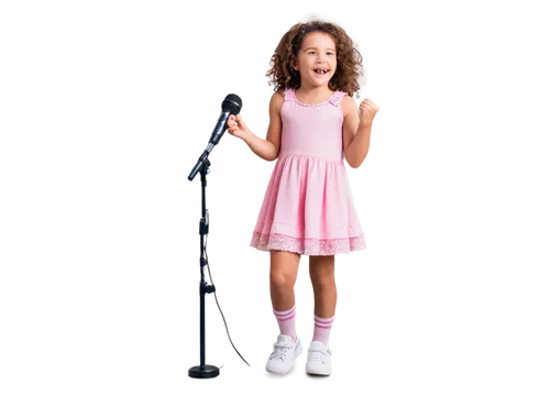 happy little girl, solo, (5yo), curly brown hair, bright smile, pink dress, white socks, sneakers, holding microphone, singing, dancing, joyful expression, colorful background, soft focus, warm lighti