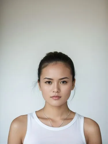 Full-size sample portrait,young asian woman posing with hand on chin, looking down,girl on a white background,asian woman,pandelela,hapa,laotian,girl in t-shirt,Photography,Documentary Photography,Doc