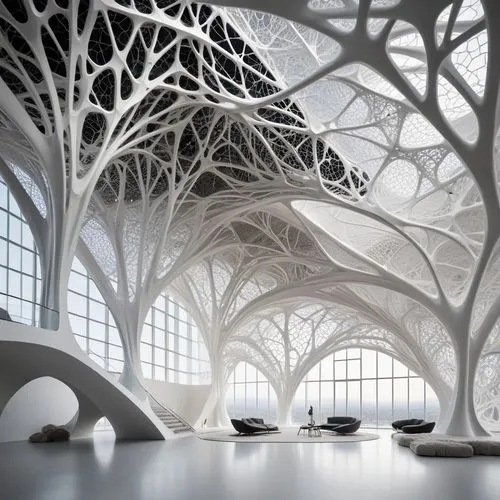 Based on the image prompts, generate an interior view. Futuristic organic architecture, intricate lattice
 structures, fluid and dynamic forms, generative design, biomimicry. Avoid spider web looks,an