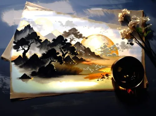 a large screen with an asian landscape on it,map silhouette,glass painting,landscape background,photo painting,mountain scene,dusk background,Illustration,Paper based,Paper Based 30