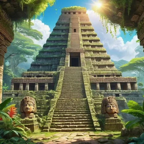 tikal,step pyramid,yavin,pakal,aztecas,azteca,eastern pyramid,aztec,ancient city,kukulkan,chichen itza,pyramid,ziggurat,amazonica,mesoamerican,poseidons temple,bird kingdom,temples,amazonians,stone pyramid,Illustration,Japanese style,Japanese Style 01