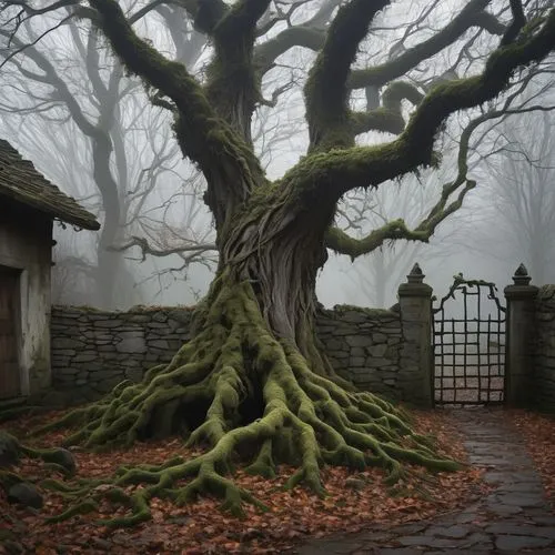 witch's house,creepy tree,the roots of trees,tree and roots,witch house,druidism,celtic tree,wuthering,druidic,druidry,old tree,mirkwood,nunery,moss landscape,dragon tree,hermits,magic tree,old gnarled oak,isolated tree,ancient house,Photography,Documentary Photography,Documentary Photography 07