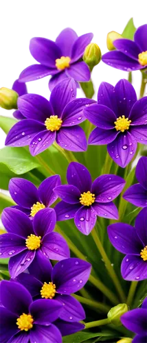 Dark purple flowers, bouquet arrangement, delicate petals, golden anthers, slender stems, water droplets on leaves, soft focus, shallow depth of field, warm lighting, 3/4 composition, close-up shot, r