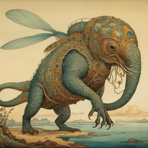 cuthulu,anthropomorphized animals,sea monsters,cynorhodon,blue elephant,deep sea nautilus,muroidea,triceratops,arthropod,invertebrate,water creature,uintatherium,hippocampus,kraken,nautilus,angler,armadillo,terrestrial animal,meller's chameleon,varanidae,Illustration,Retro,Retro 19