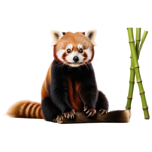 Red panda, adult, solo, (3yo), fluffy fur, white face, black ears, cute nose, bamboo sticks, sitting, relaxed posture, soft focus, warm lighting, shallow depth of field, natural habitat, cinematic com