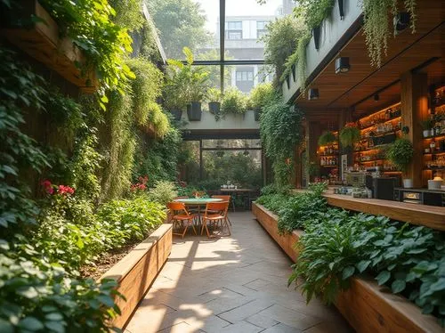 Vibrant urban garden, living walls, green roofs, recycled materials, reclaimed wood accents, energy-efficient systems, solar panels, rainwater harvesting, composting facilities, organic waste manageme