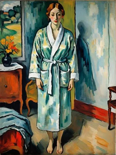 Lady in a dressing gown. Let the motif appear as a French impressionist painting as if it had been painted by Edgar Degas.,a painting of a woman standing in her bathroom,girl with cloth,girl in cloth,