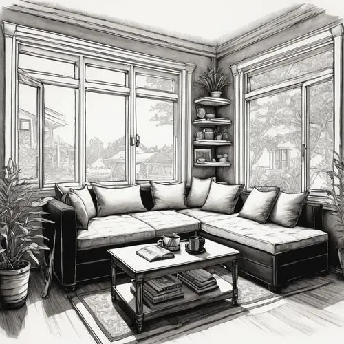 sunroom,livingroom,living room,sitting room,houseplants,apartment lounge,Illustration,Black and White,Black and White 01