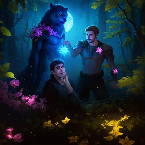 In a dark forest under a full moon. The ground is covered with hundreds of pink and yellow glowing ethereal flowers. A very attractive and handsome young man is shown a rare blue glowing flower that h