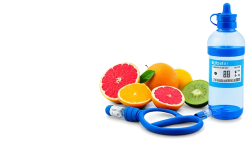 Medical illustration, diabetes concept, blue circle symbol, stethoscope, glucose meter, insulin syringe, pills, fruits and vegetables, healthy snacks, water bottle, fitness tracker, running shoes, out