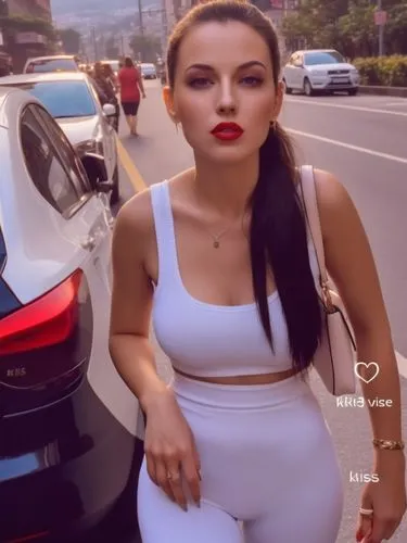 A perky lady on the street in “give me a kiss” mode.,a woman with long hair and a red lip,albanian,anfisa,beba,karaca,mercedita,otilia,Photography,General,Realistic