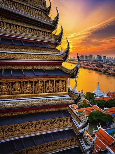 Grand Palace, Thailand, traditional Thai architecture, golden rooftops, intricate carvings, vibrant colors, ornate decorations, Buddha statues, Wat Arun, Chao Phraya River, sunset time, warm lighting,