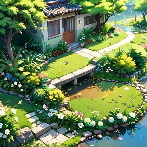 koi pond,garden pond,sake gardens,japanese garden,japan garden,lily pond,roof landscape,summer cottage,japanese zen garden,japanese garden ornament,pond,landscaping,zen garden,idyllic,teahouse,grass roof,landscaped,pond flower,home landscape,backyard,Anime,Anime,Realistic