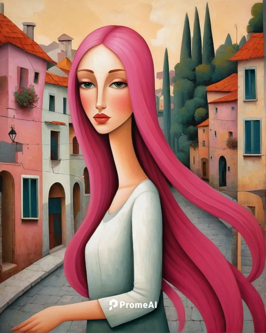 A pretty woman with long pink hair and clean clothes，by Didier Lourenço,la violetta,italian painter,rapunzel,art deco woman,woman thinking,woman with ice-cream,young woman,girl in a long,fuchsia,the 