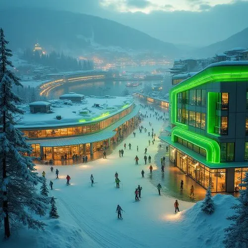 Vibrant lime green ski center, commercial district, modern architecture, sleek lines, neon lights, bustling streets, snow-capped roofs, frozen lakeside, winter scenery, people skiing, snowboarding, we