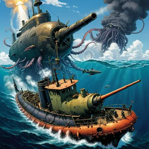 kraken,bathysphere,fathoms,sea monsters,megalops,sea scouts,battlefleet,radebaugh,nautilus,leviathans,yamatai,spelljammer,mordenkainen,anomalocaris,atlanticus,submarino,sea devil,submersibles,buccaneers,hydra,Illustration,Japanese style,Japanese Style 05