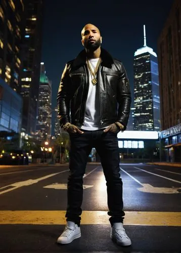 Joe Budden, rapper, solo, (40yo), detailed facial features, short beard, gold chain, black leather jacket, white shirt, dark denim jeans, sneakers, microphone, confident posture, urban background, cit