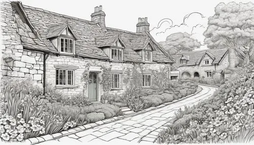 houses clipart,cottages,bibury,ludgrove,cotswolds,cottage garden,country cottage,cotherstone,turville,almshouses,thatched cottage,broadacre,cotswold,thorington,pantiles,burford,mottistone,thatched,athelney,ightham,Illustration,Black and White,Black and White 05