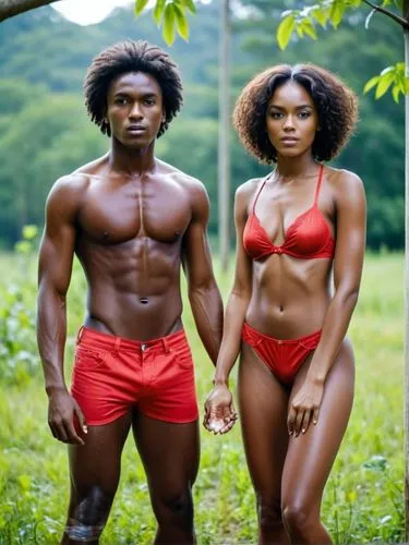 In a comic sequence of four pictures: Dark-skinned boy and dark-skinned girl turn towards each other and approach each other until they kiss.,a couple dressed in red posing for the camera,liberians,bl