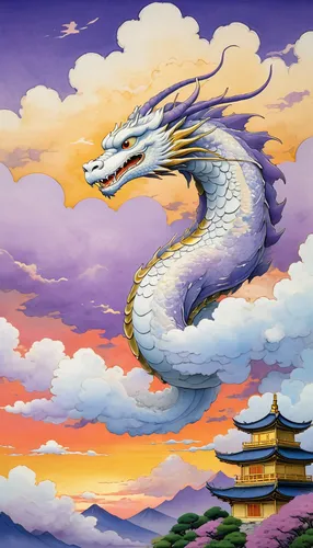 a white sliver dragon hiding behind lavender clouds, (Miyazaki hayao:1.3), gold thin line, Chinese painting, meticulous painting, oriental minimalism, colorful clouds, dreamy, poetic, China, close-up,