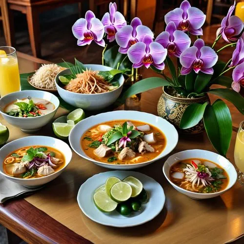 a fine thai restaurant with the table layed out traditionally, various authentic Thai dishes and soups arranged on table, thai lemonade in glasses, orchids in a vase as decoration,thai cuisine,laotian