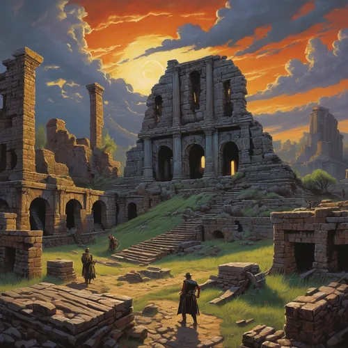 ancient city,ancient buildings,the ruins of the,the ancient world,ruins,maya civilization,incas,ancient civilization,fantasy picture,machu,coliseo,fantasy landscape,pueblo,ancient,ancient house,world digital painting,mausoleum ruins,hall of the fallen,archaeology,necropolis,Illustration,Retro,Retro 14