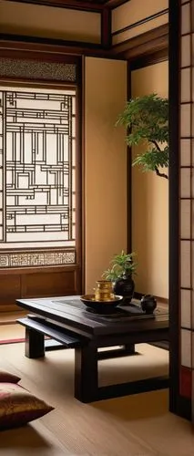 Asian-style living room, traditional Japanese sliding doors, intricately carved wooden panels, ornate golden lanterns, luxurious silk fabrics, vibrant greenery, bonsai trees, elegant black low-seating