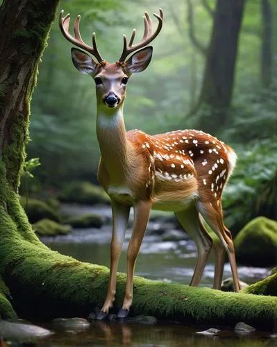 Human deer hybrid, fawn-like skin tone, gentle brown eyes, slender legs, hoofed feet, delicate fingers, leafy green hair, flower crown, soft focus, whimsical atmosphere, forest surroundings, misty mor