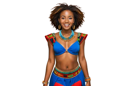 Dark-skinned African woman, traditional clothing, colorful beads, Afro hairstyle, bold eyebrows, full lips, bright smile, golden earrings, intricate necklaces, tribal markings on face, standing pose, 