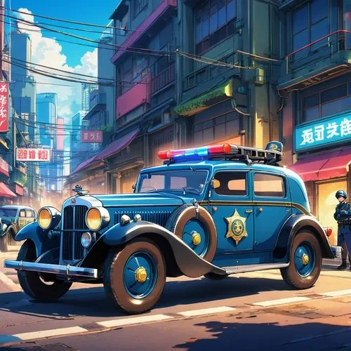 packard one-twenty,retro car,gcpd,cosmopolis,retro automobile,patrol cars,Illustration,Japanese style,Japanese Style 03