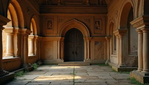 Sandstone building, ancient architecture, weathered sandstone walls, ornate carvings, grand entrance, arched windows, Gothic style, rusted iron door handles, moss-covered stone floors, dimly lit inter