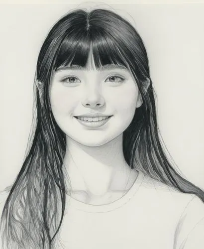 女孩，白色衬衫，黑色长发，黑白,pencil drawing of young woman with bangs,akimoto,riho,graphite,girl drawing,sumiala,xiaoxi,Illustration,Black and White,Black and White 13