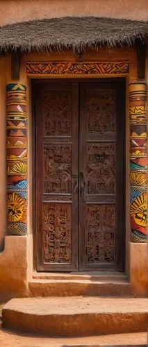 Accra architecture, African traditional building style, intricate carvings, ornate wooden doors, colorful textiles, vibrant patterns, mud-brick walls, thatched roofs, tropical plants surrounding, sunn