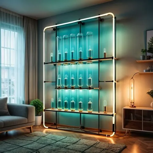 minibar,modern decor,wine rack,glass blocks,led lamp,blue lamp,Photography,General,Realistic