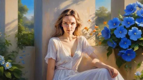 girl in flowers,girl in the garden,blue jasmine,oil painting,delpy,impressionism,romantic portrait,flower painting,photorealist,heatherley,photo painting,khnopff,art painting,blue painting,oil paintin