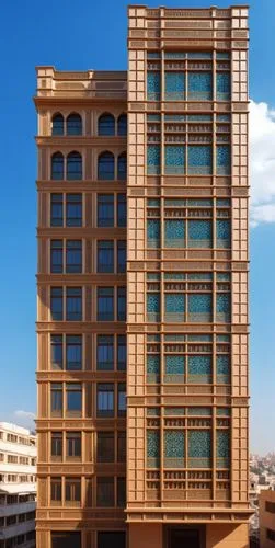 generate the image with haveli architectural ornaments on the building elevations,an old building with many windows is standing against a blue sky,rotana,masdar,achrafieh,ashrafieh,manama,antilla,Phot