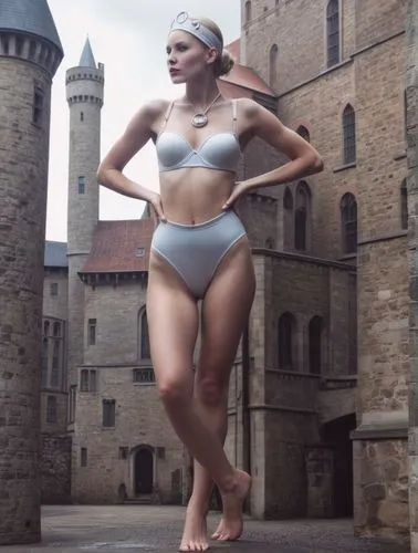 The picture shows a woman posing in front of an imposing castle backdrop. Here is a detailed description:

Woman: the woman is in the foreground wearing an eye-catching swimsuit in blue and white that