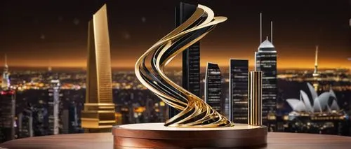 Modern architectural award trophy, gold metal material, sleek design, spiral shape, luxurious atmosphere, evening scene, ceremony hall, spotlight shining down, wooden podium, black tie event, sophisti