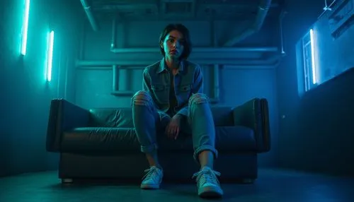 Dark cyan background, mysterious ambiance, solo female, 20s, short hair, bold eyebrows, dark cyan eyeshadow, glossy lips, casual wear, denim jacket, ripped jeans, sneakers, sitting on a modern sofa, a